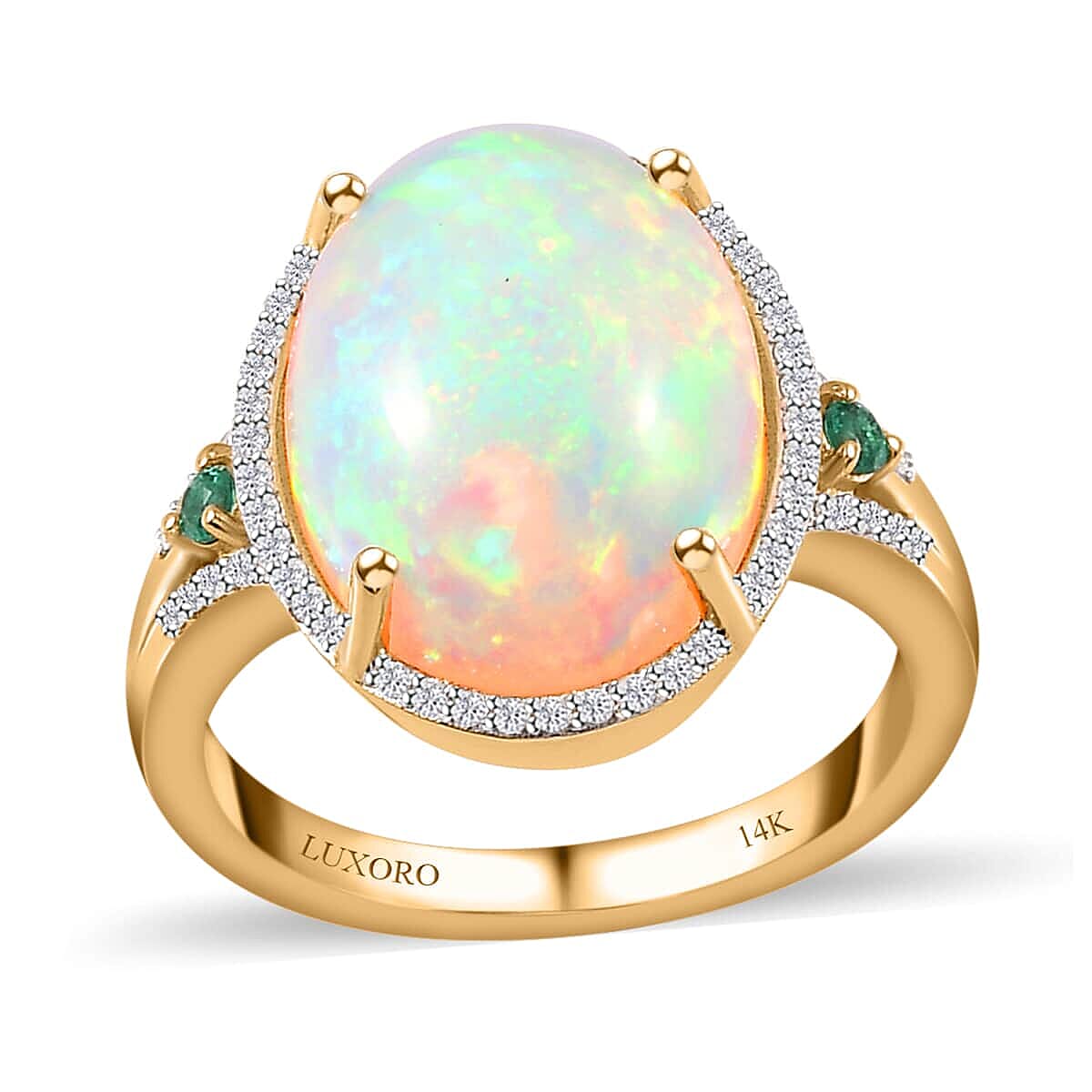 shop lc Luxoro 14K Yellow Gold AAA Ethiopian Welo Opal AAAA Boyaca Colombian Emerald and G-H I2 Diamond Halo Ring 5.65 Grams 5.85 ctw