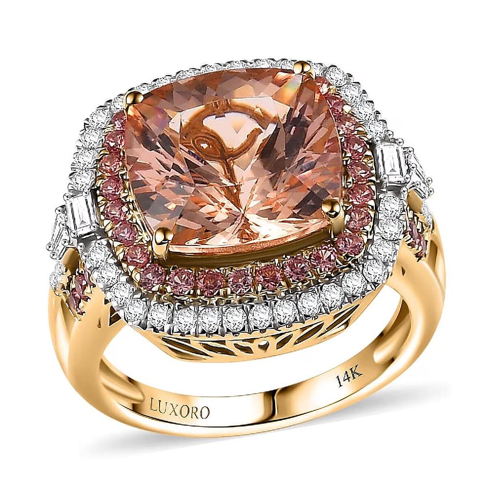 shop lc Luxoro 14K Yellow Gold AAA Marropino Morganite Padparadscha Sapphire and White Diamond (I2) Classic Halo Ring 7.80 ctw
