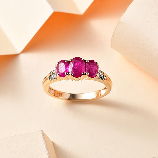 Shop Lc Luxoro 14K Yellow Gold AAA Montepuez Ruby And G-H I2 Diamond Trilogy Ring 4.10 Grams 2.30 Ctw