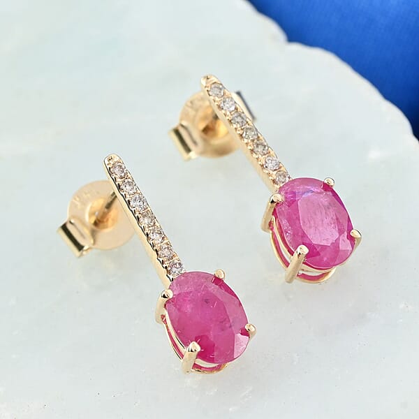Shop Lc Luxoro 14K Yellow Gold AAA Mozambique Ruby And G-H I2 Diamond Dangle Earrings 2.15 Ctw