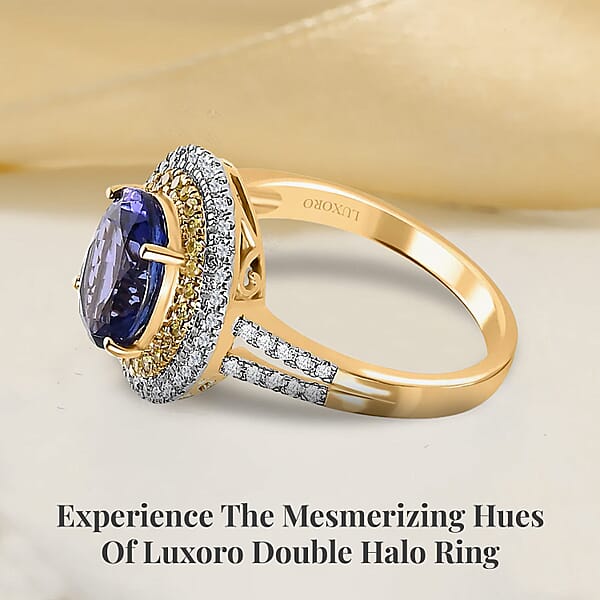 Shop Lc Luxoro 14K Yellow Gold AAA Tanzanite I2-I3 Natural Yellow And White Diamond Double Halo Ring 2.75 Ctw