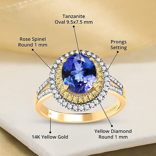 Shop Lc Luxoro 14K Yellow Gold AAA Tanzanite I2-I3 Natural Yellow And White Diamond Double Halo Ring 2.75 Ctw