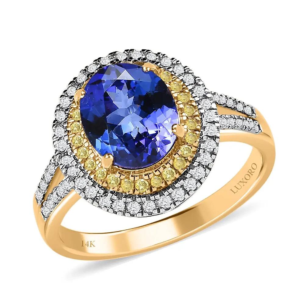 shop lc Luxoro 14K Yellow Gold AAA Tanzanite I2-I3 Natural Yellow and White Diamond Double Halo Ring 2.75 ctw