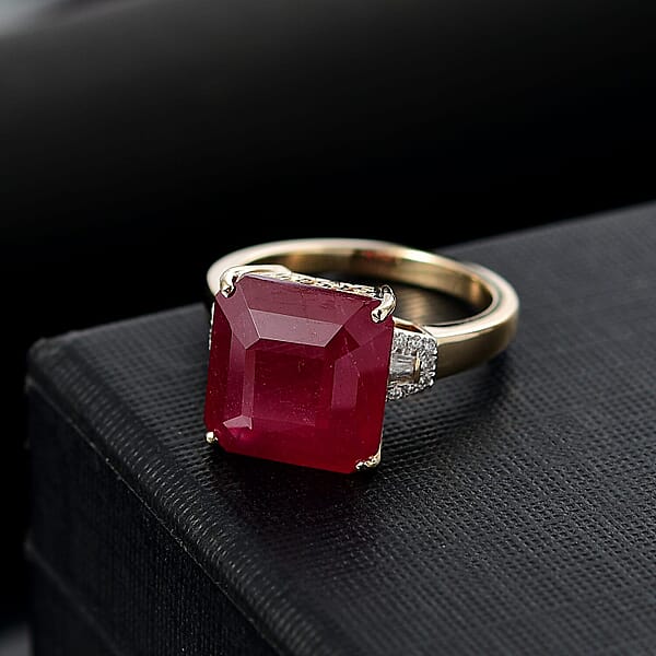 Shop Lc Luxoro AAA Asscher Cut Niassa Ruby FF And I2 Diamond 13.60 Ctw Antique Greek Key Ring In 10K Yellow Gold