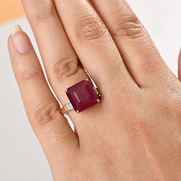 Shop Lc Luxoro AAA Asscher Cut Niassa Ruby FF And I2 Diamond 13.60 Ctw Antique Greek Key Ring In 10K Yellow Gold