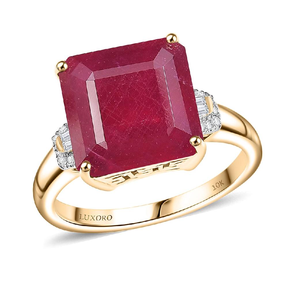 shop lc Luxoro AAA Asscher Cut Niassa Ruby FF and I2 Diamond 13.60 ctw Antique Greek Key Ring in 10K Yellow Gold