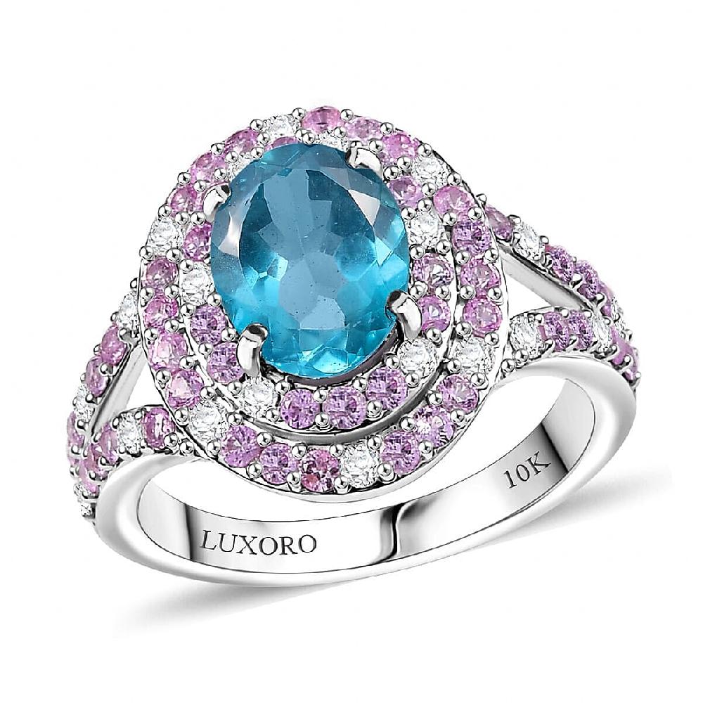 shop lc Luxoro AAA Betroka Blue Apatite Madagascar Pink Sapphire and White Diamond I2 3.10 ctw Double Halo Ring in 10K White Gold