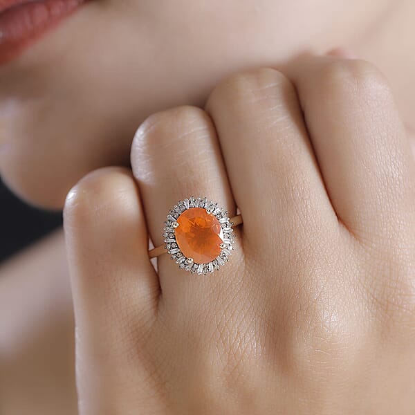 Shop Lc Luxoro AAA Buriti Fire Opal Natural Champagne And White Diamond I2 2.80 Ctw Sunburst Ring In 10K Yellow Gold