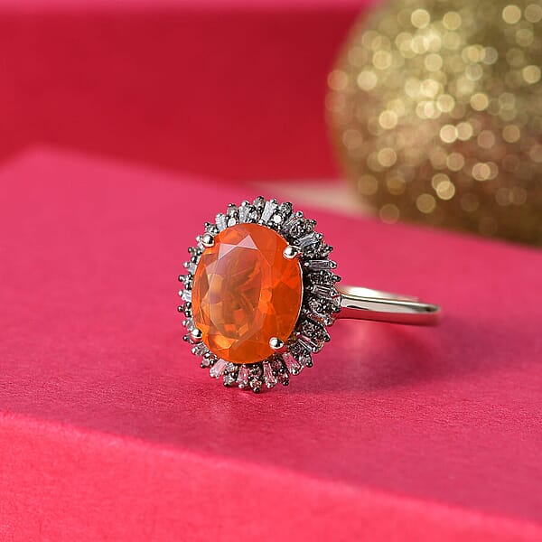 Shop Lc Luxoro AAA Buriti Fire Opal Natural Champagne And White Diamond I2 2.80 Ctw Sunburst Ring In 10K Yellow Gold (Del. In 10-12 Days)