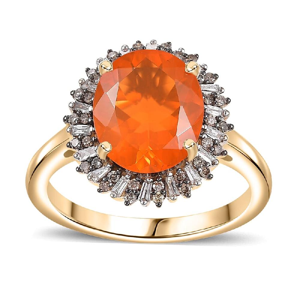 shop lc Luxoro AAA Buriti Fire Opal Natural Champagne and White Diamond I2 2.80 ctw Sunburst Ring in 10K Yellow Gold (Del. In 10-12 Days)