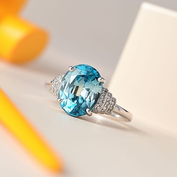 Shop Lc Luxoro AAA Cambodian Blue Zircon And G-H I2 Diamond 5.60 Ctw Ring In 14K White Gold