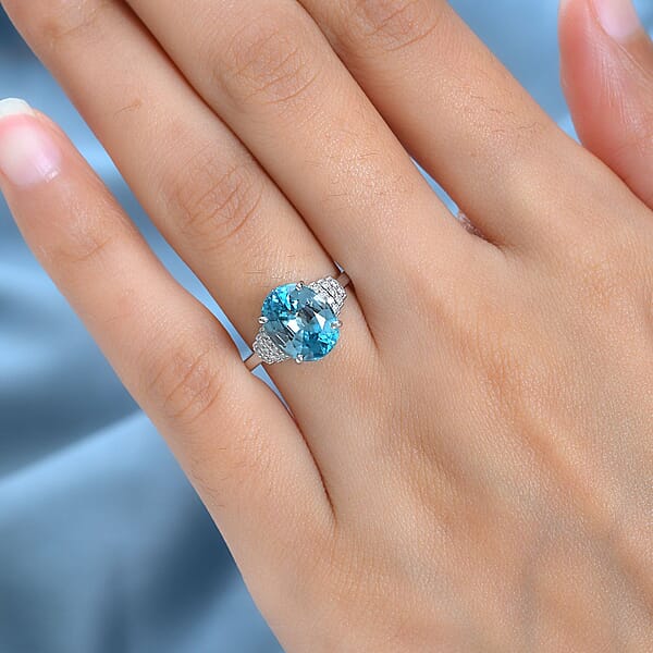 Shop Lc Luxoro AAA Cambodian Blue Zircon And G-H I2 Diamond 5.60 Ctw Ring In 14K White Gold
