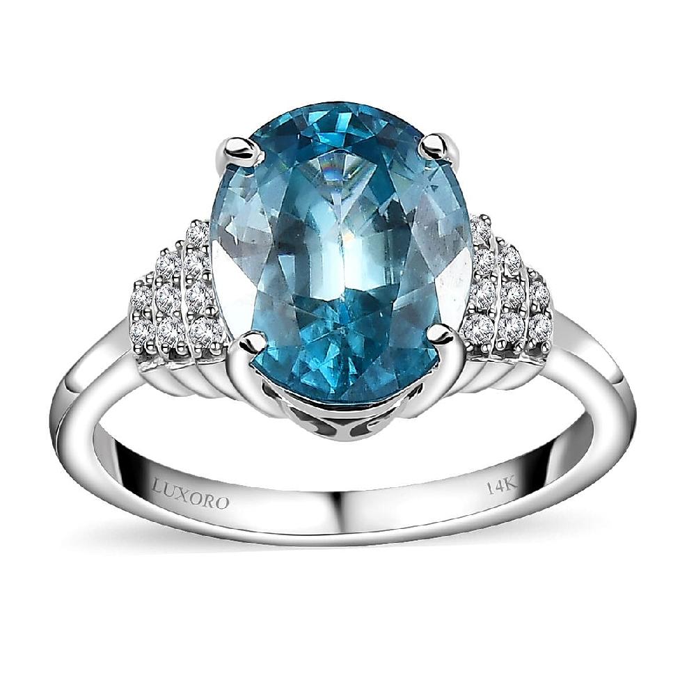 shop lc Luxoro AAA Cambodian Blue Zircon and G-H I2 Diamond 5.60 ctw Ring in 14K White Gold