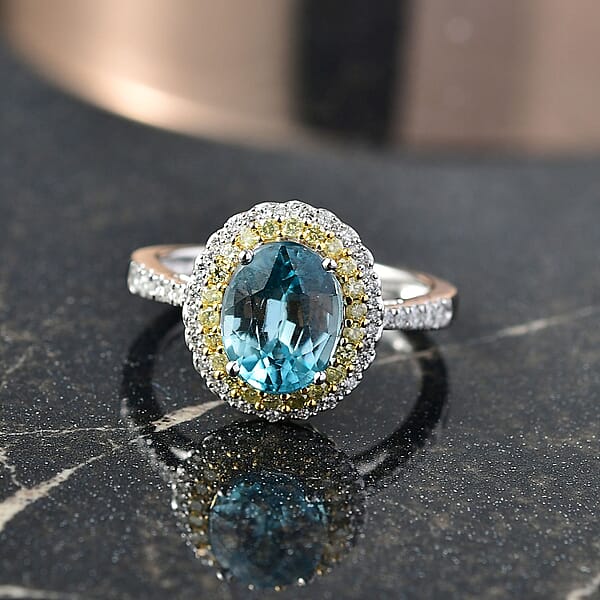 Shop Lc Luxoro AAA Cambodian Blue Zircon Natural Yellow And White Diamond I2 3.65 Ctw Sunlit Ocean Ring In 10K White Gold