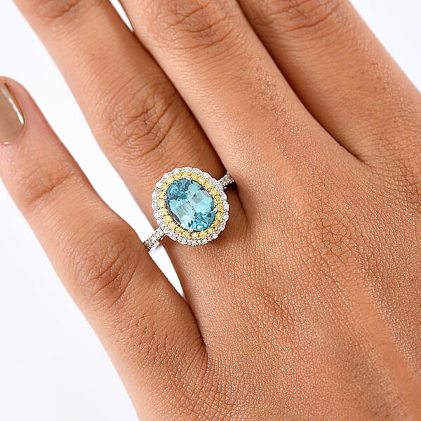 Shop Lc Luxoro AAA Cambodian Blue Zircon Natural Yellow And White Diamond I2 3.65 Ctw Sunlit Ocean Ring In 10K White Gold