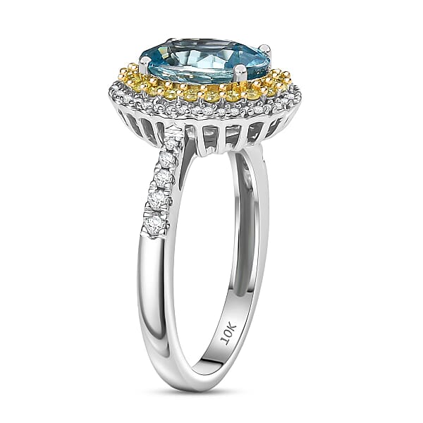 Shop Lc Luxoro AAA Cambodian Blue Zircon Natural Yellow And White Diamond I2 3.65 Ctw Sunlit Ocean Ring In 10K White Gold