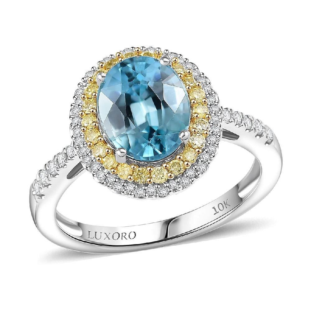 shop lc Luxoro AAA Cambodian Blue Zircon Natural Yellow and White Diamond I2 3.65 ctw Sunlit Ocean Ring in 10K White Gold