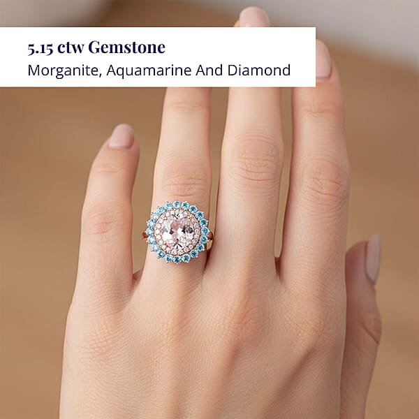 Shop Lc Luxoro AAA Celestial Morganite Santa Maria Aquamarine G-H I2 Diamond Floral Ring In 14K Rose Gold 5.15 Ctw