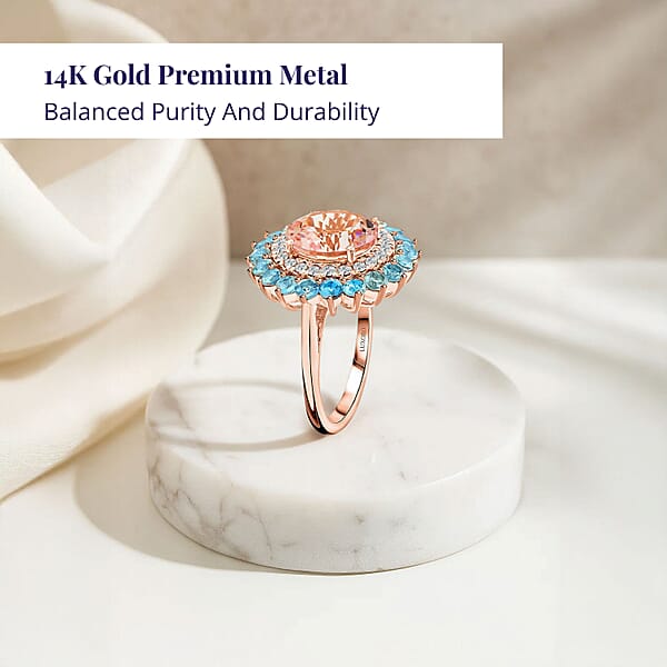 Shop Lc Luxoro AAA Celestial Morganite Santa Maria Aquamarine G-H I2 Diamond Floral Ring In 14K Rose Gold 5.15 Ctw
