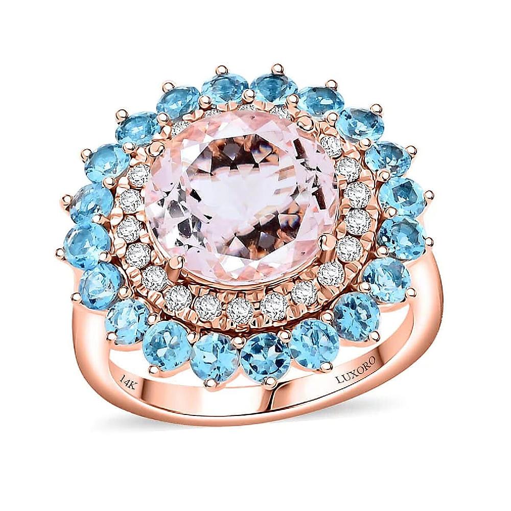 shop lc Luxoro AAA Celestial Morganite Santa Maria Aquamarine G-H I2 Diamond Floral Ring in 14K Rose Gold 5.15 ctw