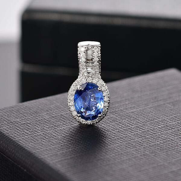 Shop Lc Luxoro AAA Ceylon Blue Sapphire And White Diamond I2 1.95 Ctw Halo Pendant Without Chain In 14K White Gold