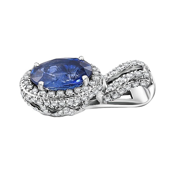 Shop Lc Luxoro AAA Ceylon Blue Sapphire And White Diamond I2 1.95 Ctw Halo Pendant Without Chain In 14K White Gold