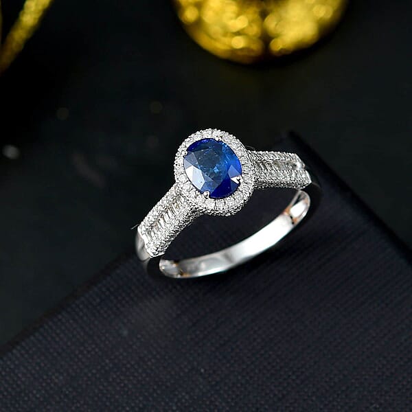 Shop Lc Luxoro AAA Ceylon Blue Sapphire Diamond Halo Ring In 14K White Gold 2.30 Ctw