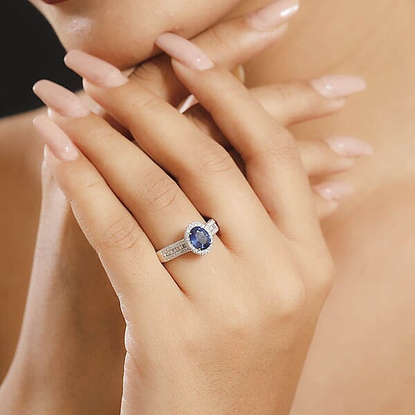 Shop Lc Luxoro AAA Ceylon Blue Sapphire Diamond Halo Ring In 14K White Gold 2.30 Ctw