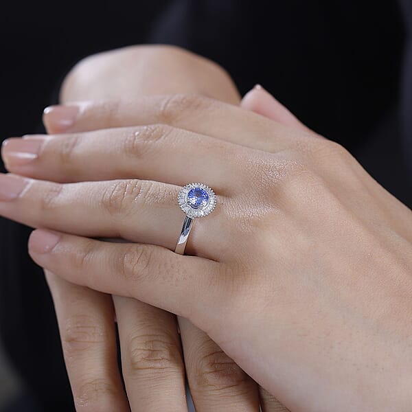 Shop Lc Luxoro AAA Ceylon Blue Sapphire Diamond Halo Ring In 14K White Gold 1.02 Ctw