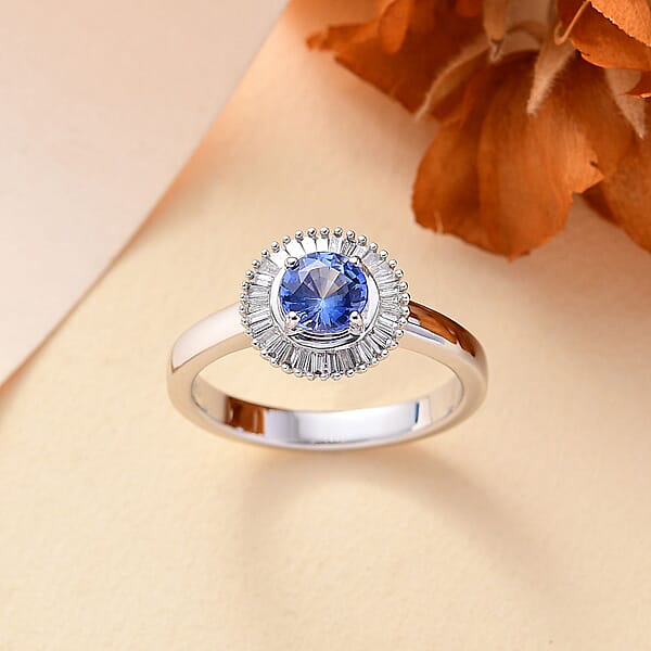 Shop Lc Luxoro AAA Ceylon Blue Sapphire Diamond Halo Ring In 14K White Gold 1.02 Ctw
