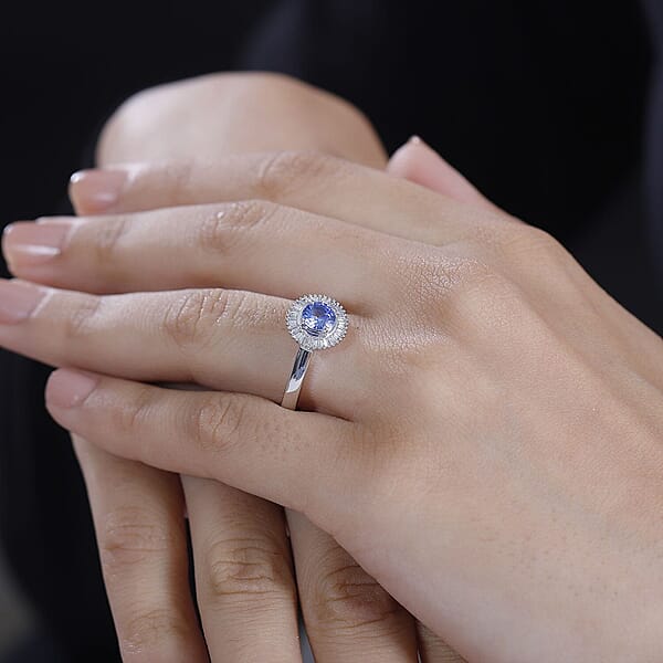 Shop Lc Luxoro AAA Ceylon Blue Sapphire Diamond Halo Ring In 14K White Gold 1.02 Ctw