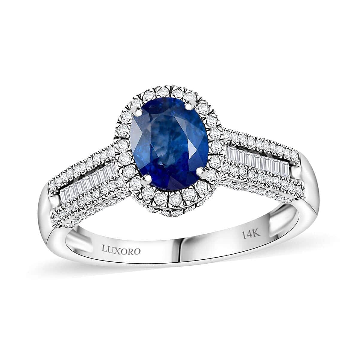 shop lc Luxoro AAA Ceylon Blue Sapphire Diamond Halo Ring in 14K White Gold 2.30 ctw