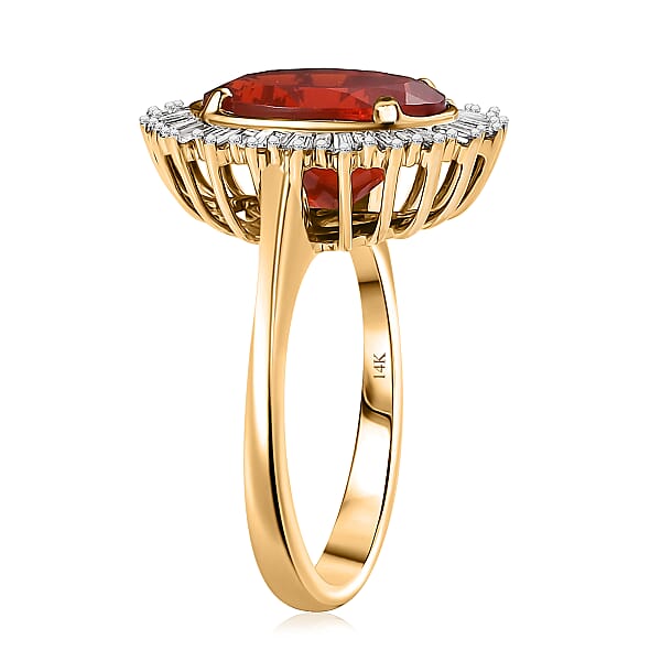 Shop Lc Luxoro AAA Crimson Fire Opal And G-H I2 Diamond 3.62 Ctw Scarlet Sunburst Ring In 14K Yellow Gold