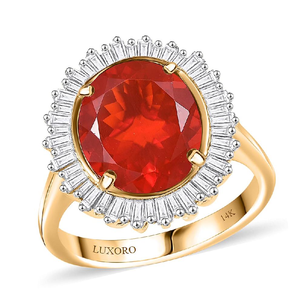 shop lc Luxoro AAA Crimson Fire Opal and G-H I2 Diamond 3.62 ctw Scarlet Sunburst Ring in 14K Yellow Gold