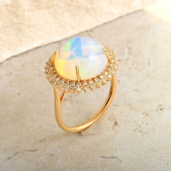 Shop Lc Luxoro AAA Ethiopian Welo Opal And G-H I2 Diamond 8.10 Ctw Ring In 14K Yellow Gold 5.10 Grams