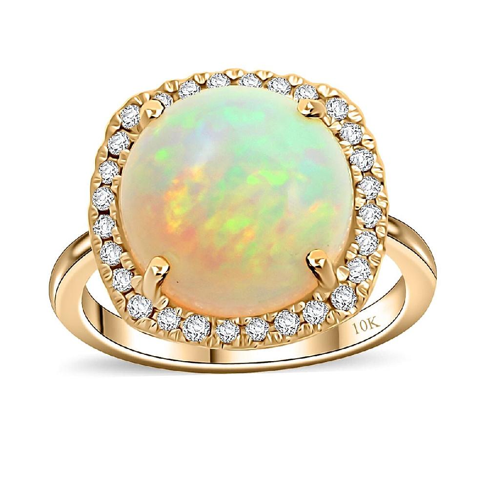 shop lc Luxoro AAA Ethiopian Welo Opal and G-H I2 Diamond 4.85 ctw Ring in 10K Yellow Gold 4 Grams