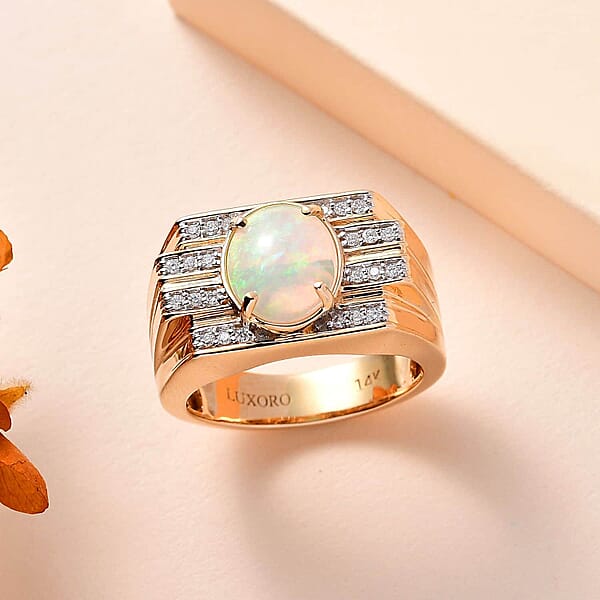 Shop Lc Luxoro AAA Ethiopian Welo Opal And G-H I2 Diamond 2.25 Ctw Ring In 14K Yellow Gold 14.60 Grams