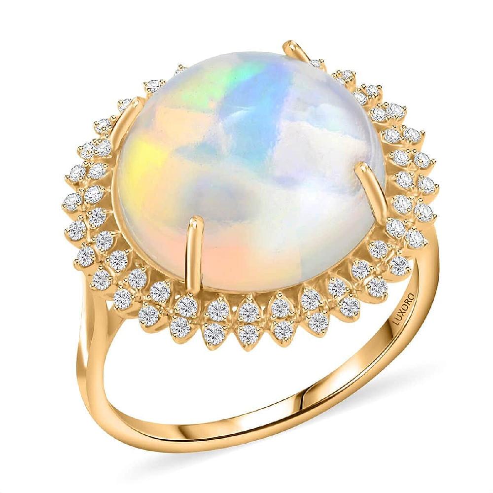 shop lc Luxoro AAA Ethiopian Welo Opal and G-H I2 Diamond 8.10 ctw Ring in 14K Yellow Gold 5.10 Grams