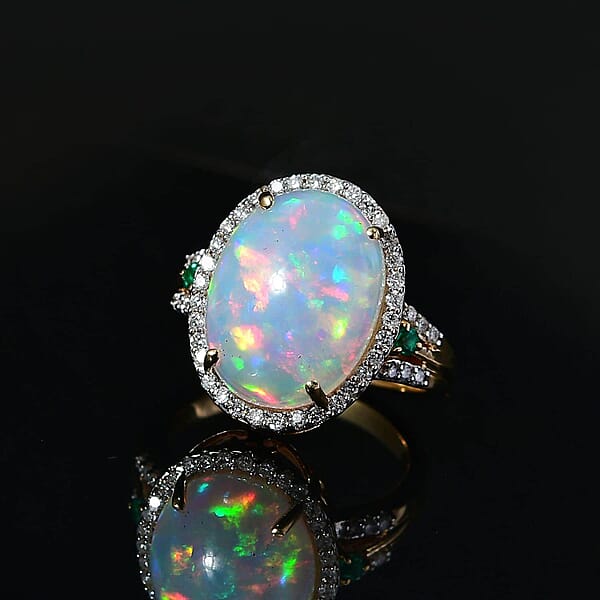 Shop Lc Luxoro AAA Ethiopian Welo Opal Boyaca Colombian Emerald And G-H I2 Diamond 6.50 Ctw Ring In 14K Yellow Gold 5.90 Grams