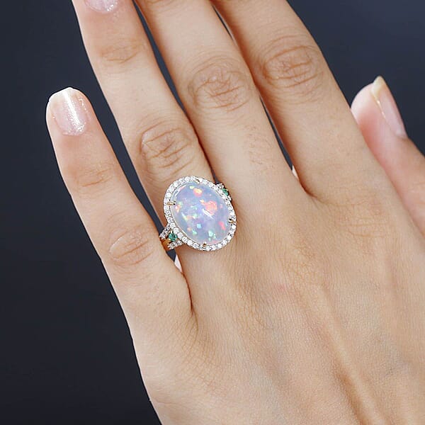 Shop Lc Luxoro AAA Ethiopian Welo Opal Boyaca Colombian Emerald And G-H I2 Diamond 6.50 Ctw Ring In 14K Yellow Gold 5.90 Grams