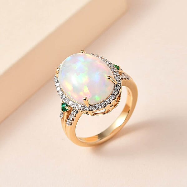 Shop Lc Luxoro AAA Ethiopian Welo Opal Boyaca Colombian Emerald And G-H I2 Diamond 6.50 Ctw Ring In 14K Yellow Gold 5.90 Grams