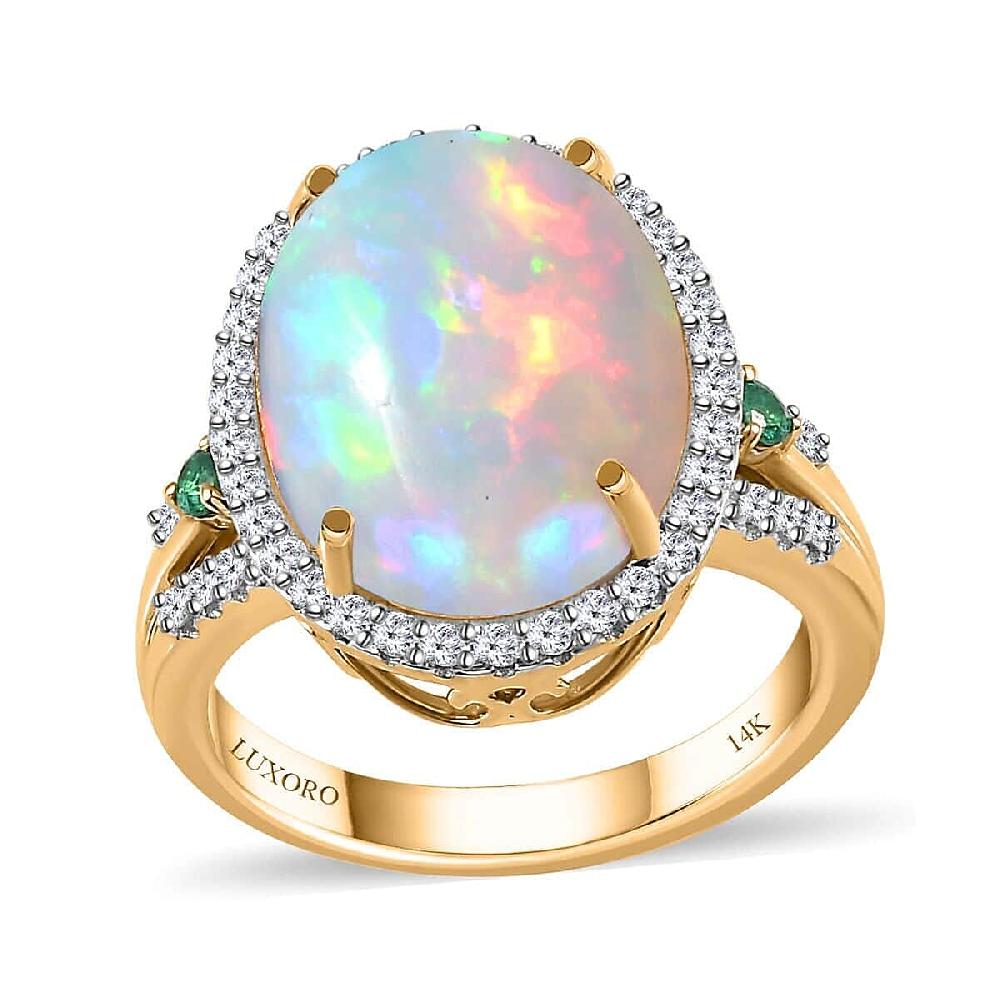 shop lc Luxoro AAA Ethiopian Welo Opal Boyaca Colombian Emerald and G-H I2 Diamond 6.50 ctw Ring in 14K Yellow Gold 5.90 Grams