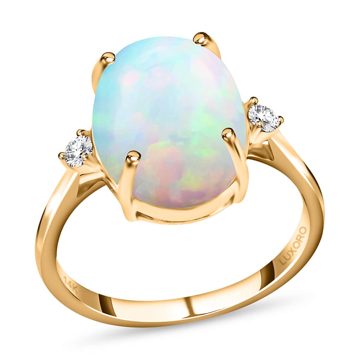 shop lc Luxoro AAA Ethiopian Welo Opal Ring Certified & Appraised Opal Ring Diamond Accent Ring 14K Yellow Gold Ring Opal Three Stone Ring Wedding Rings 3.60 ctw
