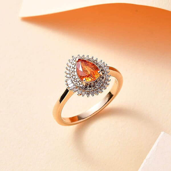 Shop Lc Luxoro AAA Fanta Garnet I2 Natural Champagne And White Diamond 1.50 Ctw Autum Forest Sunburst Ring In 14K Yellow Gold