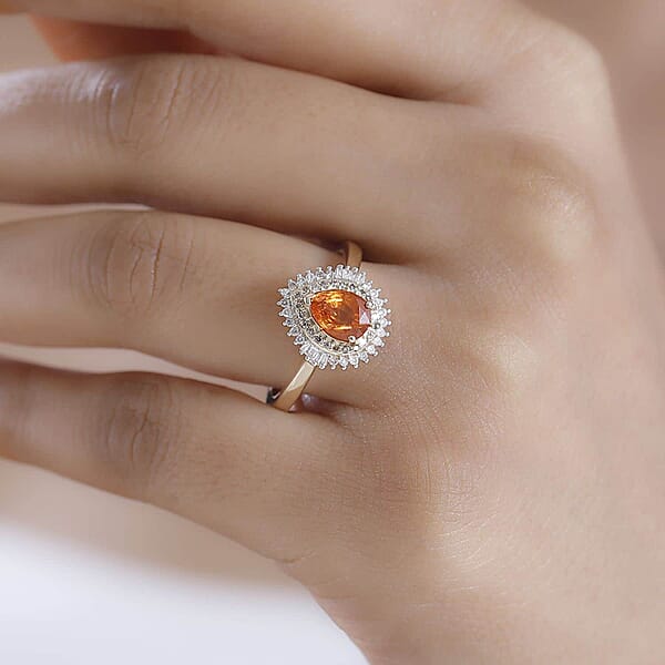 Shop Lc Luxoro AAA Fanta Garnet I2 Natural Champagne And White Diamond 1.50 Ctw Autum Forest Sunburst Ring In 14K Yellow Gold