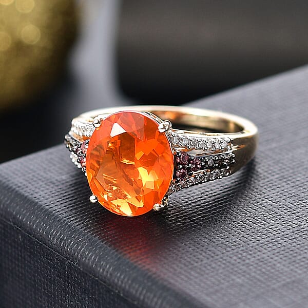 Shop Lc Luxoro AAA La Trinidad Fire Opal Padparadscha Sapphire Natural Champagne And White Diamond 3.40 Ctw Ring In 10K Yellow Gold