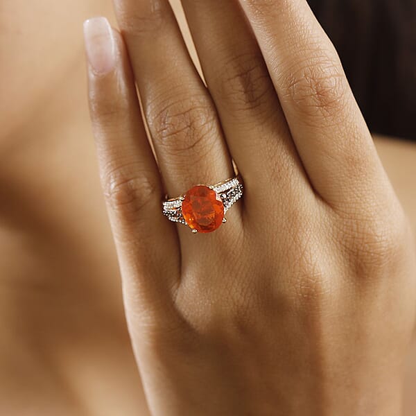 Shop Lc Luxoro AAA La Trinidad Fire Opal Padparadscha Sapphire Natural Champagne And White Diamond 3.40 Ctw Ring In 10K Yellow Gold