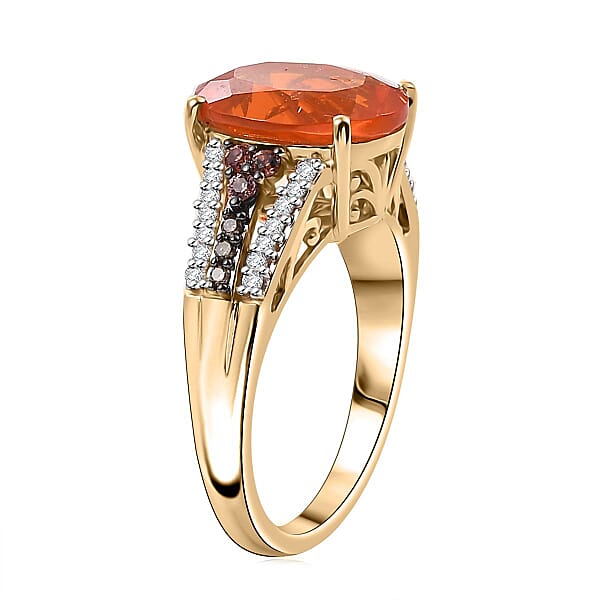 Shop Lc Luxoro AAA La Trinidad Fire Opal Padparadscha Sapphire Natural Champagne And White Diamond 3.40 Ctw Ring In 10K Yellow Gold