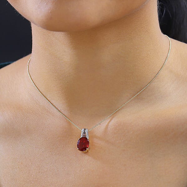 Shop Lc Luxoro AAA La Trinidad Fire Opal Padparadscha Sapphire (BT) Natural Champagne And White Diamond 3.30 Ctw Pendant Necklace In 10K Yellow Gold 18 Inches