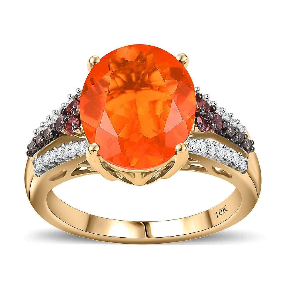 shop lc Luxoro AAA La Trinidad Fire Opal Padparadscha Sapphire Natural Champagne and White Diamond 3.40 ctw Ring in 10K Yellow Gold